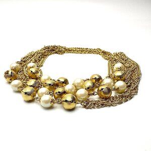 Vintage 1980s Goldtone Station Necklace—50" Pearl & Textured Gold Beads — EUC